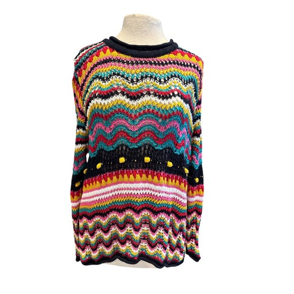Colorful Multicolor Zig-Zag Knit Sweater XL  Laseine  100% Cotton  Crew Neck Lon - Picture 1 of 7